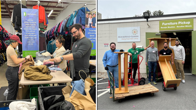 Split-screen image of CarGurus volunteers at clothing and furniture drives.