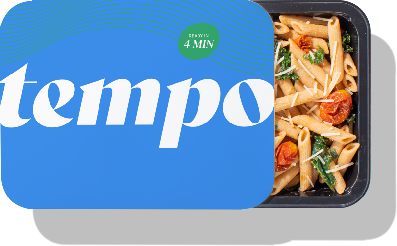 Tempo's Creamy Tomato Penne meal on white background, branded cover half on/half off