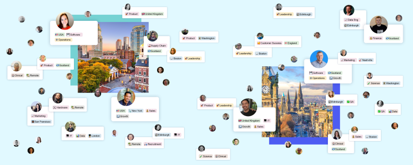 A graphic depicting virtual conferencing at Current Health from multiple locations