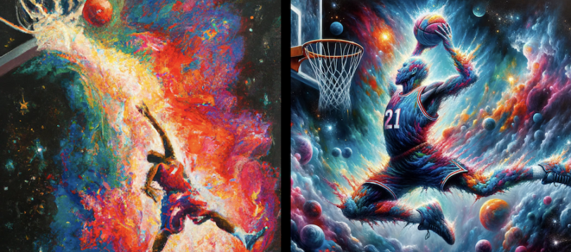 Two images of basketball player dunking side by side. 