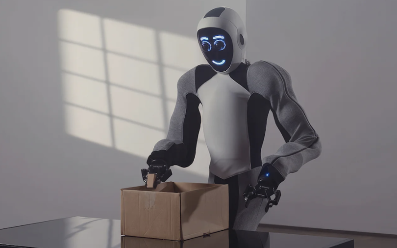 The humanoid robot, EVE, picking up a package. 