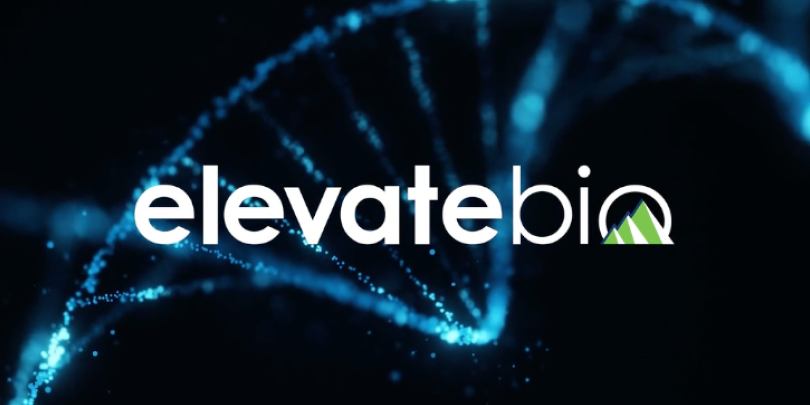 ElevateBio's logo with an abstract design of DNA in the background.