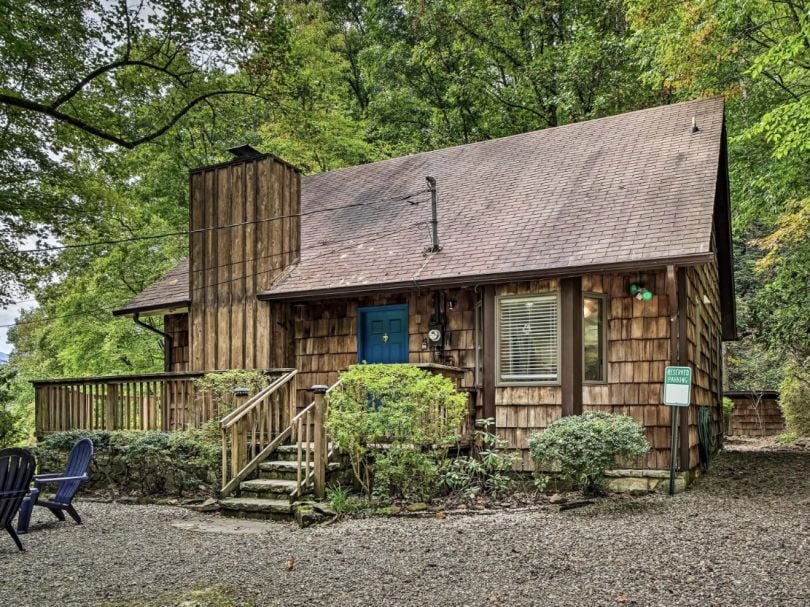 A rustic cabin in the woods. 