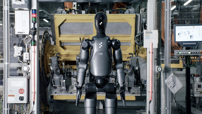 Figure 02 robot stands upright in a factory. 