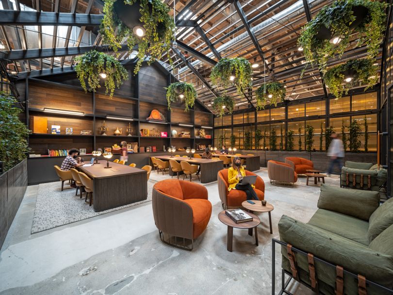 Employees work together in a GoodRx office common area filled with natural light and plants.