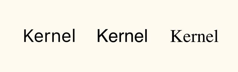 San Francisco, Helvetica, and Mshtakan Typefaces side by side to show differences in letter spacing in the word "kernel."