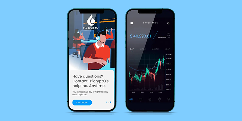 The H2CryptO crypto app displayed on a mobile device showing the apps customer support screen and market trends.