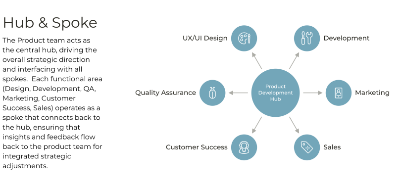 A hub and spoke design with product development as the hub and development, marketing, sales, customer success, quality assurance and UX/UI design as the spokes.