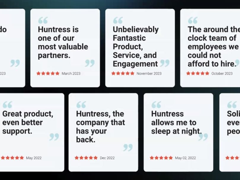 A screenshot of various five-star reviews of Huntress’ product highlighting quotes of positive feedback.