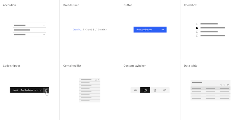 A screenshot of IBM's design system components including data tables, date pickers and buttons.