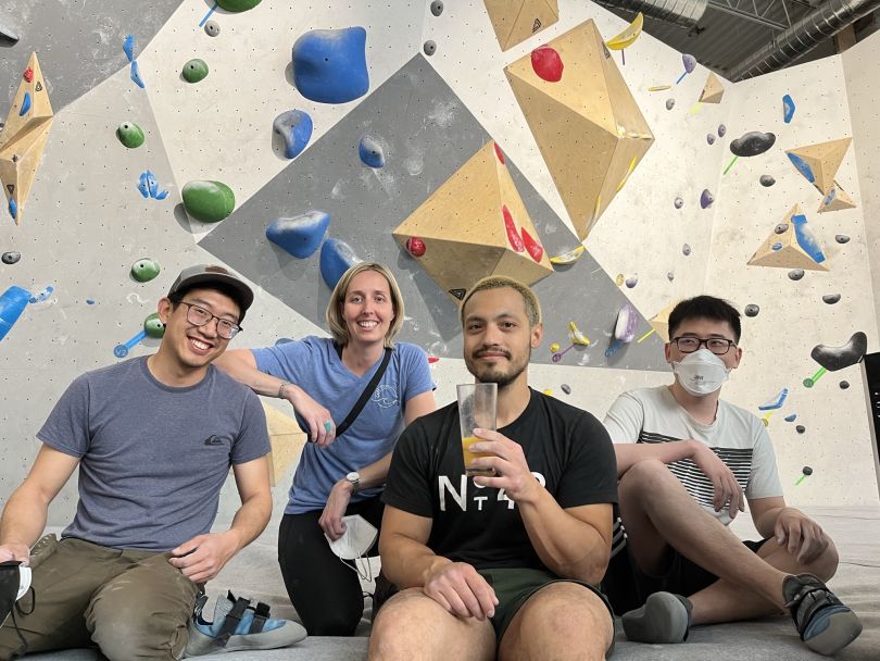 Sarah Frances and the SkySafe team relax at a climbing gym