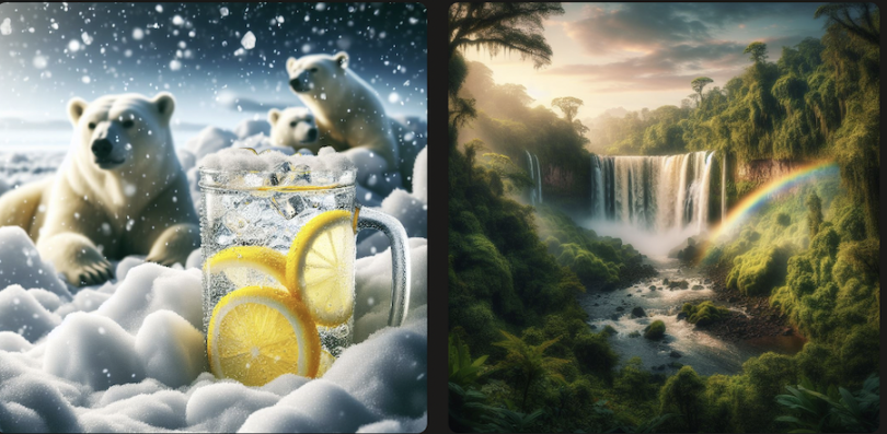 Picture of polar bears with lemonade water on left and picture of waterfall with a rainbow on the right.