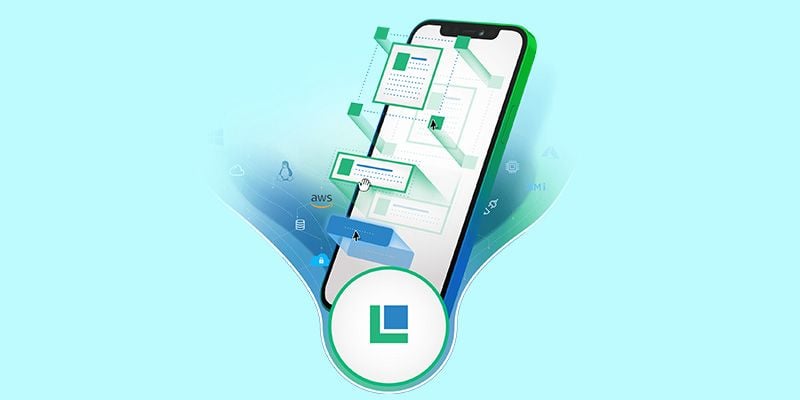 An illustration of LANSA's low code platform depicted as a mobile device connected to UI elements.