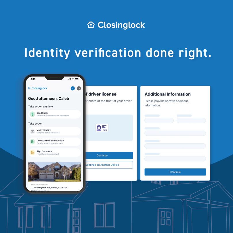 Graphic image showing Closinglock’s platform interface, with the headline “Identity verification done right.”