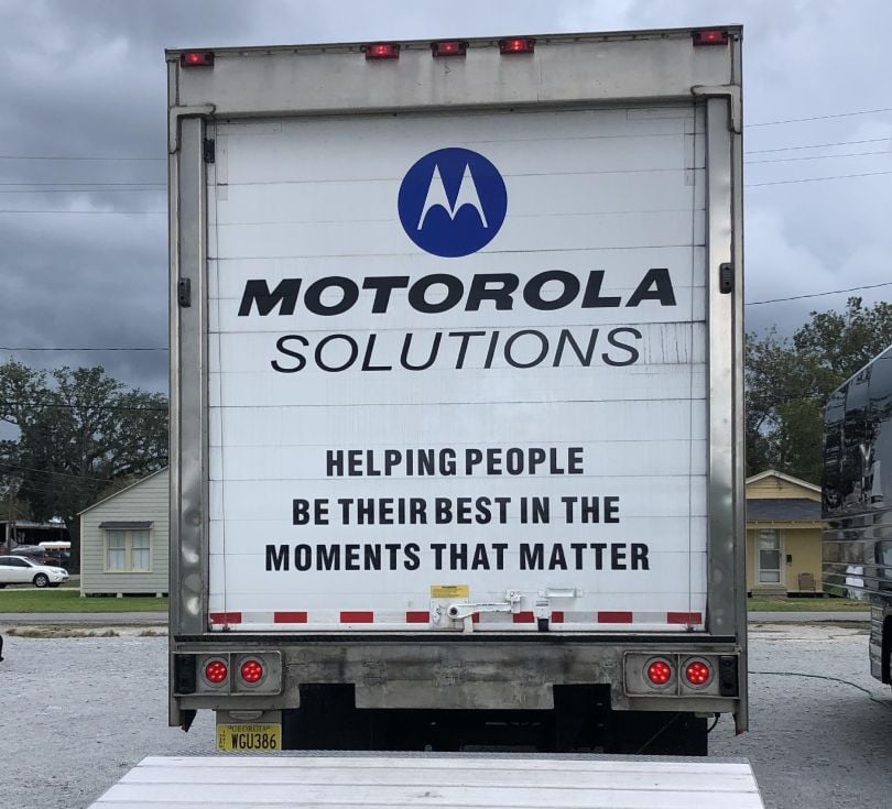 A Motorola Solutions Emergency Response Team (MERT) truck on the scene of a natural disaster.