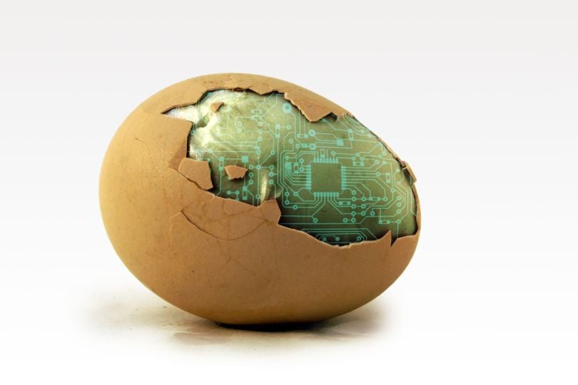 An egg’s shell cracks to reveal a circuit board inside. 