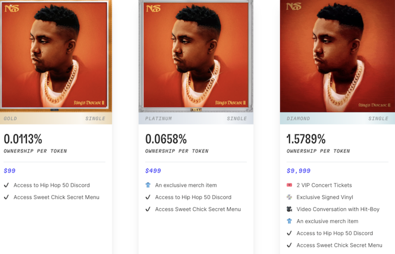 Ownership shares of streaming royalty rights to Nas’s single “Rare” are being sold to fans and investors as part of NFT packages on the NFT marketplace Royal.io. | Image: Royal.io