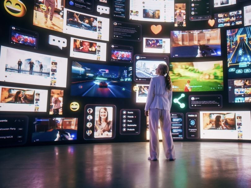 A woman looks up at a wall of screens featuring various applications, icons and videos from the internet.