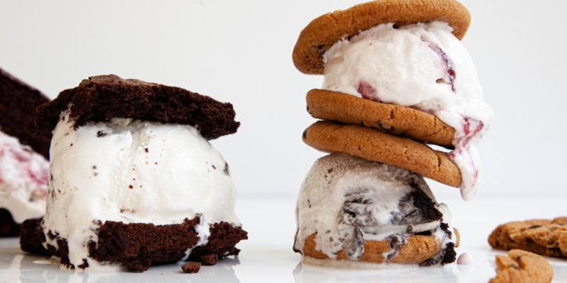 Ice cream sandwiches made with Perfect Days animal-free ice cream.