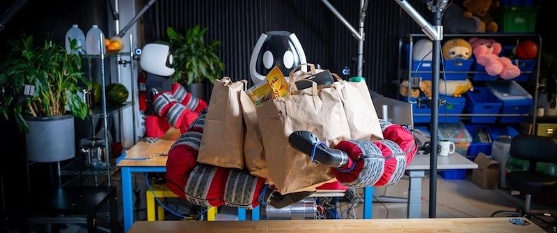 Punyo the robot lifts bags of groceries with its arms. 