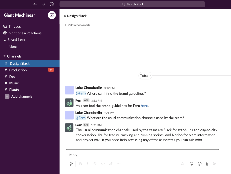 A screenshot of a Slackbot built by Giant Machines