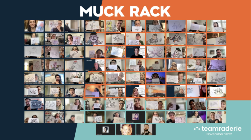 A conceptual rendering of an online platform.The Muck Rack team at a company-wide team-building event.  