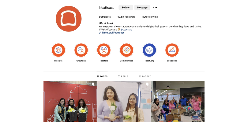 A screenshot of the Life at Toast Instagram account, which has over 10,000 followers and features photos of employee activities worldwide.