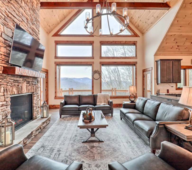 The interior of a rustic cabin. 