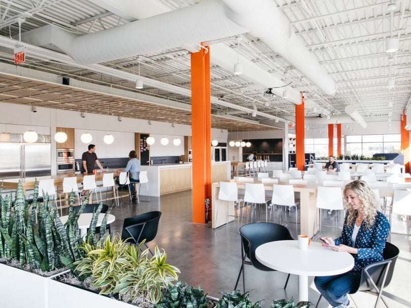 Inside view of Sojern’s Omaha, Nebraska, office kitchen and eating area.