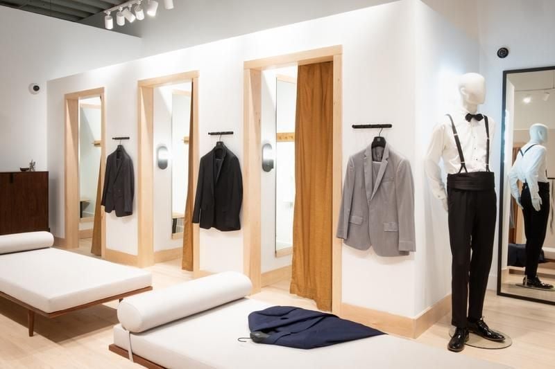 The interior of The Black Tux's brick-and-mortar storefront in Santa Monica, California