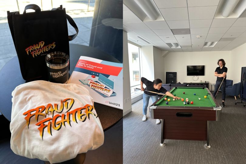 A split image of Fraud-Fighter swag, including a tote bag and t-shirt on the left, and two Unit21 team members playing pool on the right