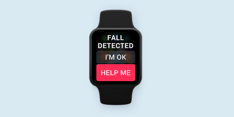 An Apple Watch with an alert detecting a fall displayed.