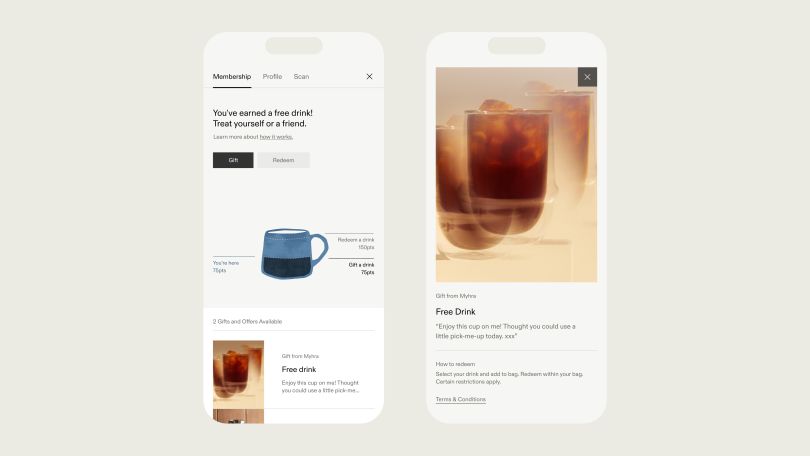 An image illustrating the membership and gifting features on Blue Bottle Coffee’s mobile app