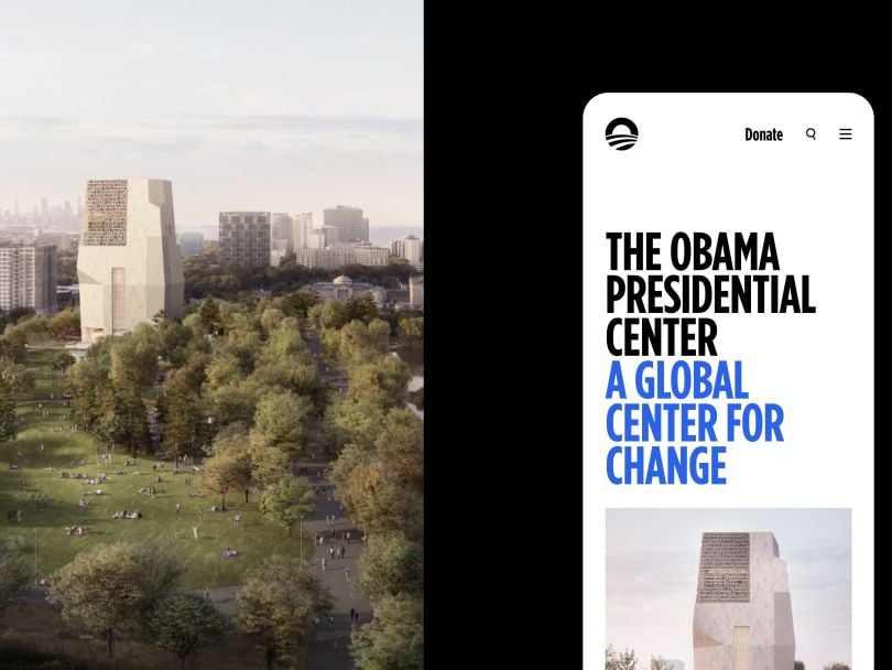 On left, a photo-realistic visual of the completed Obama Presidential Center on the south side of Chicago. On right, a mobile phone screen  of the Presidential Center on the website.