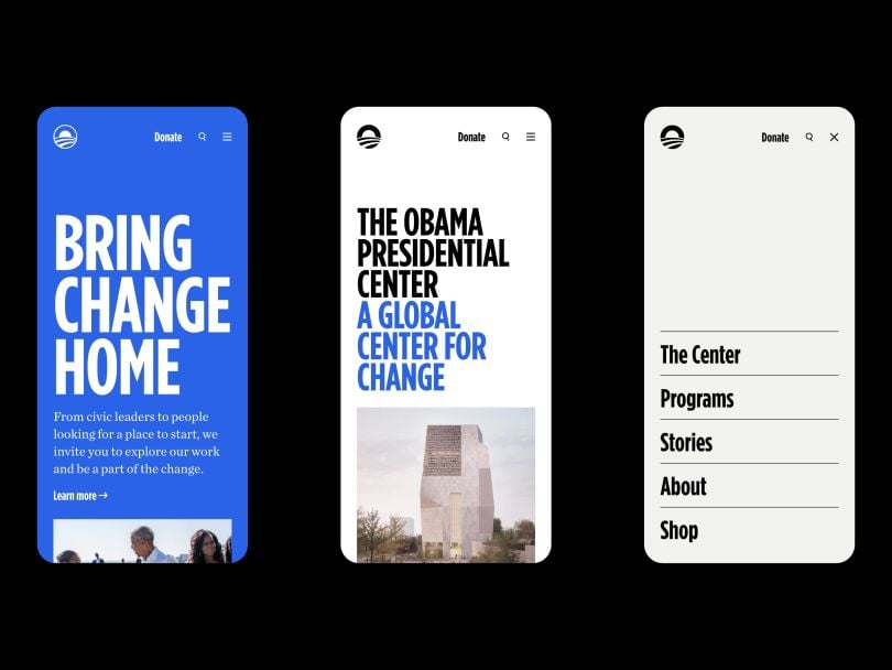 Various product mock-ups of the rebranded Obama.org, featuring the new homepage for the Presidential Center, shown in mobile view.