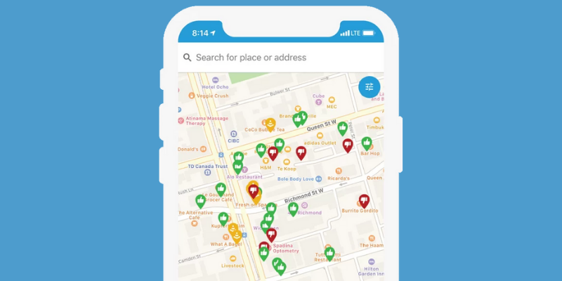 A mobile device showing a map generated by the AccessNow app.