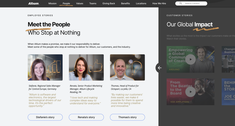 A screenshot of the Altium careers website featuring employee and customer stories.