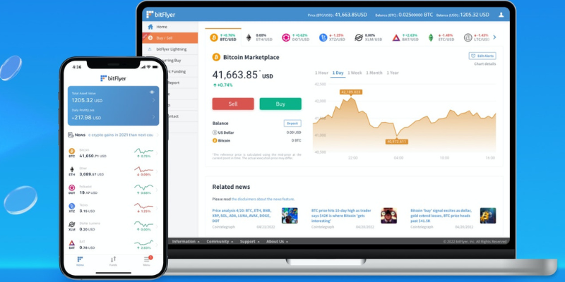 Bitflyer's crypto trading platform displayed on a mobile device and a laptop computer.