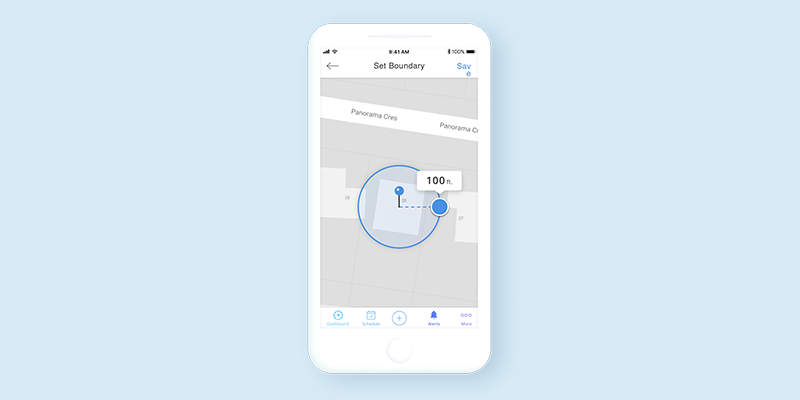 A screenshot of Buddy's Boundary Alert function showing a map with a radius a person is allowed to roam without sending an alert.