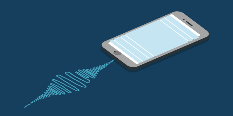 a mobile device with sound waves coming out of the bottom of it.