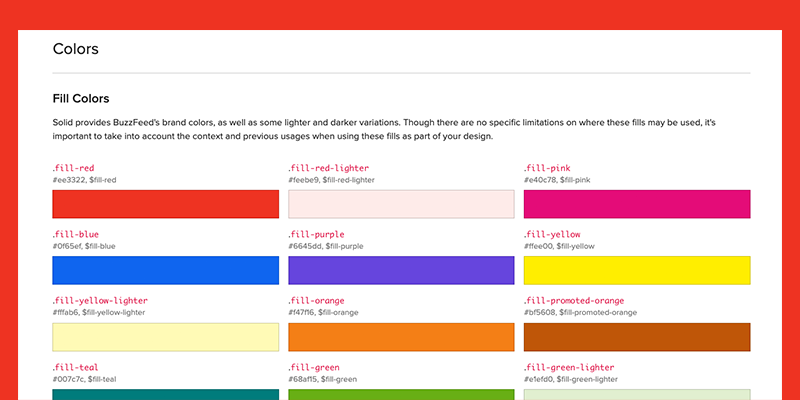 A screenshot of Buzzfeed's design colors as outlined in their design system.