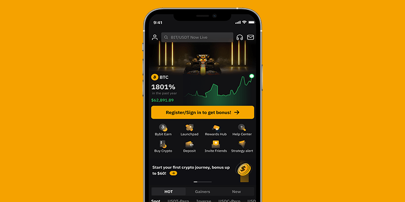 The Bybit crypto app displayed on a mobile device showing an offer for crypto bonuses.