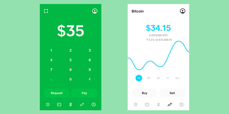 Screenshots of the cash app showing crypto trends and their money sending feature.