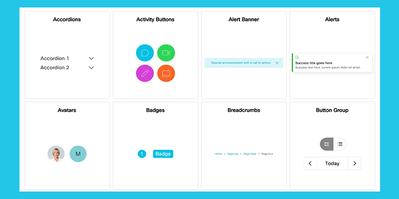 A screenshot of Cisco's design system components including buttons, alerts and badges.