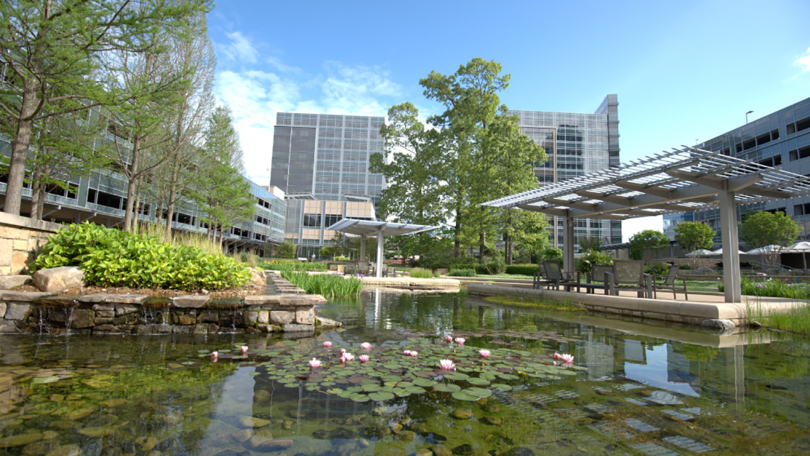 A large water feature with lily pads, trees and covered seating at Cox Enterprises’ headquarters.