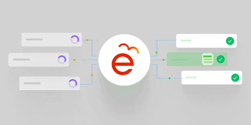 The Element5 logo with information passing through it to be processed by its robotic process automation.