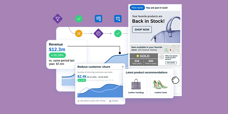 Screenshots of Emarsys' customer data platform surrounded by marketing icons.