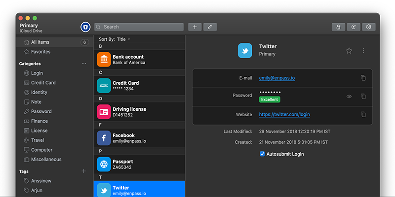 A screenshot of Enpass' password manager dashboard.