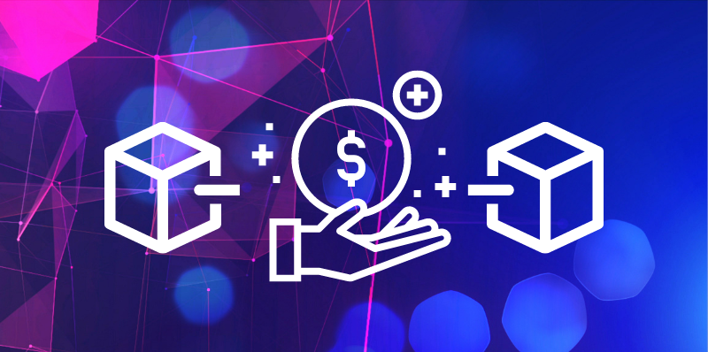 A Finance Icon surrounded by cubes representing finance specific blockchain certifications.