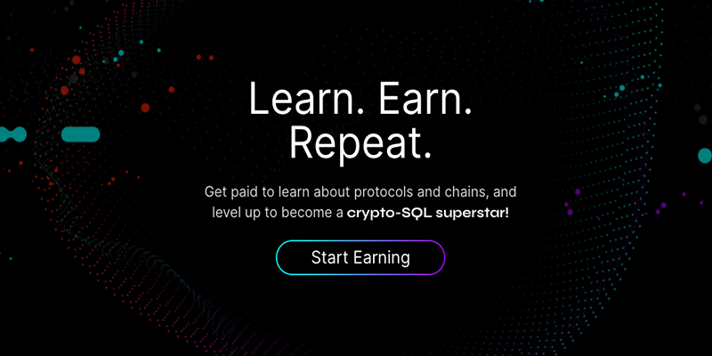 A screenshot of the Flipside Crypto website showing the phrase "Learn. Earn. Repeat."